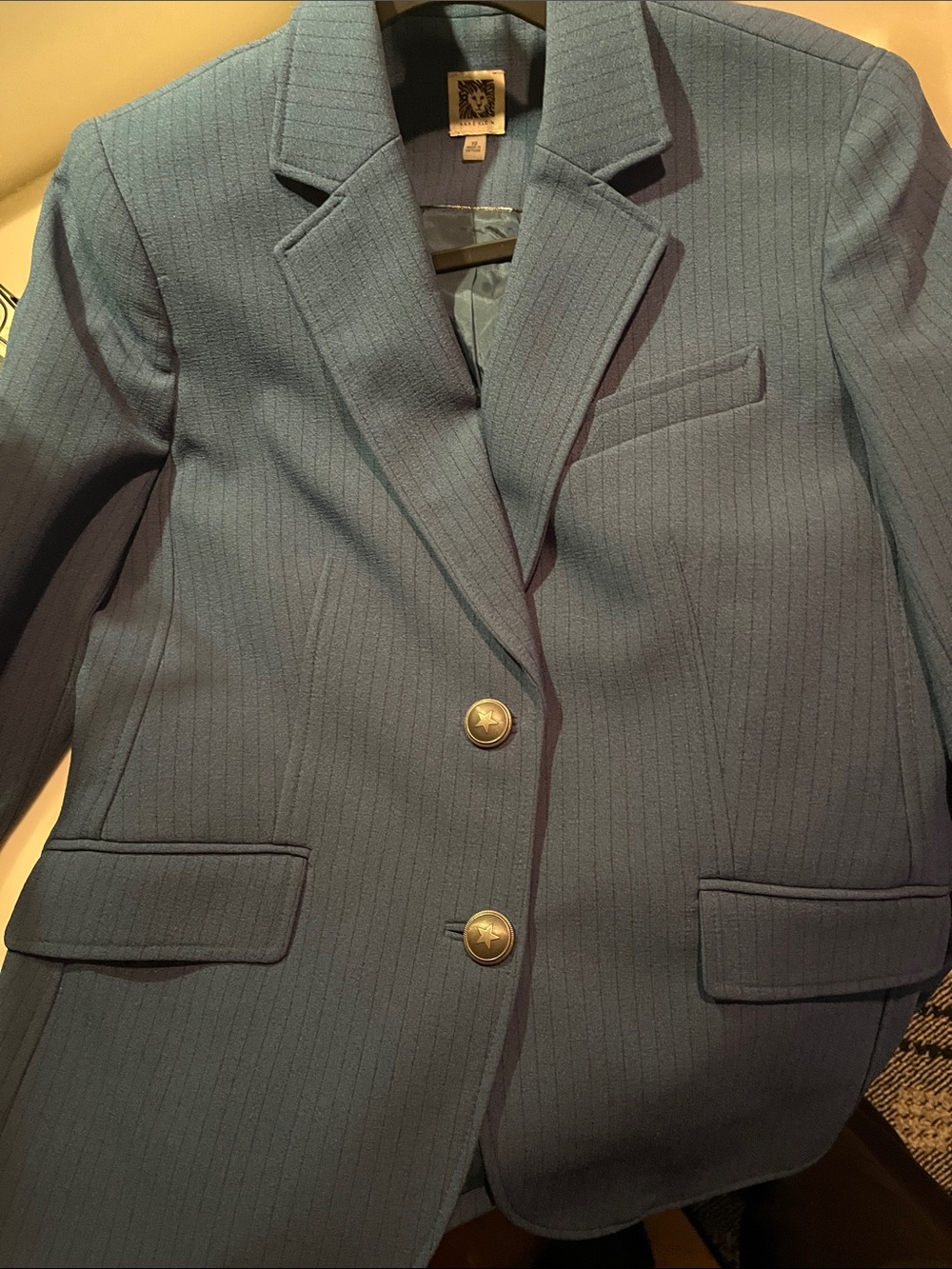 Anne Klein Slate Blue Pinstripe Blazer with Lion Label